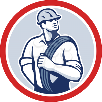Illustration of a power lineman telephone repairman worker holding wire cable over shoulder done in retro style set inside circle.