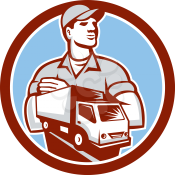 Illustration of a removal man delivery guy with moving truck van set inside circle on isolated background done in retro style.