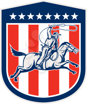 Illustration of an american rodeo cowboy riding horse with lasso rope set inside shield crest with stars and stripes done in retro style. 