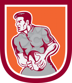 Illustration of a rugby player passing ball sideview set inside shield crest done in retro style.