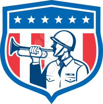 Illustration of a soldier military police personnel  blowing a bugle set inside crest shield with stars stripes done in retro style.