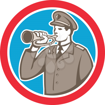 Illustration of a soldier military police personnel  blowing a bugle set inside a circle done in retro style.
