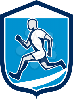 Illustration of a sprinter runner running viewed from side set inside shield crest done in retro style on isolated background.