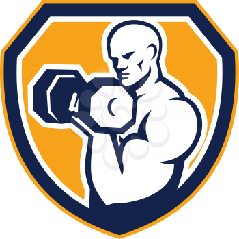 Illustration of a strongman muscular guy pumping lifting dumbbells weight training  viewed from front set inside shield crest shape done in retro style.