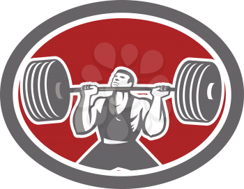 Illustration of a weightlifter lifting barbell set inside oval shape on isolated background viewed from front done in retro style.