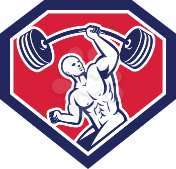 Illustration of a weightlifter lifting barbell with one hand set inside shield crest shape on isolated background viewed from front done in retro style.