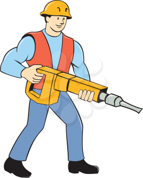 Illustration of a construction worker holding carrying jack hammer pneumatic drill on isolated white background done in cartoon style. 