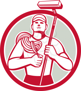 Illustration of a high rise window cleaner carrying rope and squeegee viewed from front set inside circle on isolated background done in retro style.