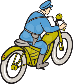 Illustration of a highway patrol policeman police officer riding a motorbike viewed from the side on isolated white background done in cartoon style. 