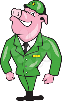 Illustration of a World War two pig soldier serviceman standing at attention  viewed from front on isolated white background  done in cartoon style.
