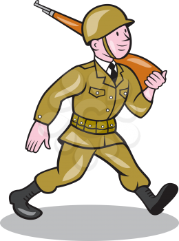 Illustration of a World War two American soldier serviceman marching with assault rifle viewed from side on isolated white background  done in cartoon style.
