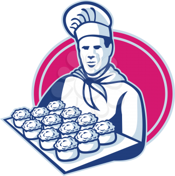 vector illustration of a baker chef cook serving tray of pork meat pies set inside ellipse done in retro style.