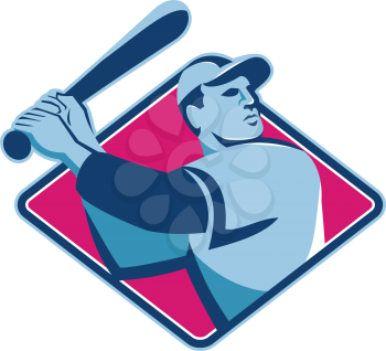 vector illustration of a baseball player with bat batting set inside diamond done retro style.