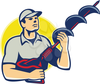 Illustration of a builder tradesman worker holding a hole driller,earth auger,ground drill,ground driller,hole digger looking up done in retro style.
