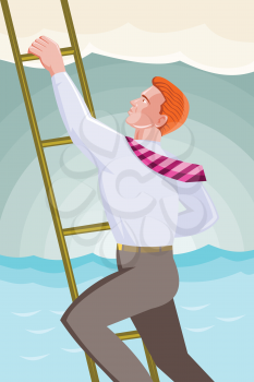 Vector illustration in the 1930s style showing a male office worker businessman wearing tie climbing up a ladder with clouds, sun and sea in the background.