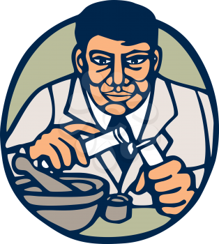 Illustration of a scientist holding test tube facing front set inside circle done in retro woodcut linocut style. 