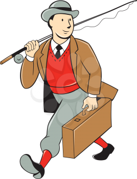 Illustration of a vintage fly fisherman tourist wearing bowler hat and vest with fly rod and reel carrying luggage walking looking to side on isolated background done in cartoon style .