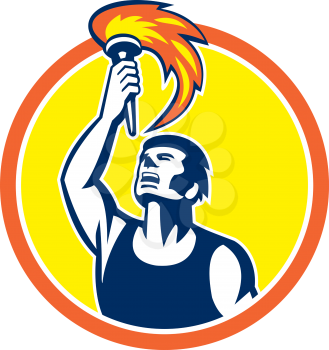 Illustration of an athlete player looking up raising torch set inside circle on isolated background done in retro style. 