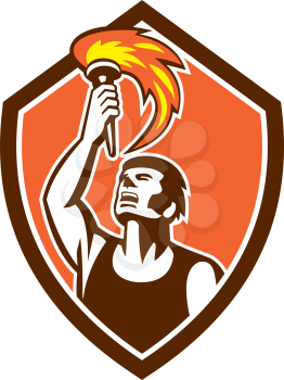 Illustration of an athlete player looking up raising torch set inside shield crest on isolated background done in retro style. 