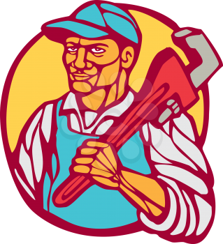 Illustration of a plumber carrying monkey wrench on shoulder set inside circle on isolated background done in retro woodcut linocut style. 