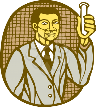Illustration of an asian scientist holding test tube facing front set inside circle done in retro woodcut linocut style. 