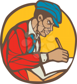 Illustration of an african-american writer journalist writing viewed from the side set inside circle on isolated background done in retro woodcut linocut style.