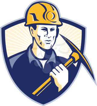 Illustration of a coal miner holding a pick ax facing front set inside shield done in retro style.
