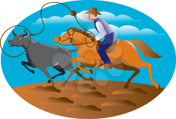 Vector illustration of a cowboy riding horse lasso roping a bull cow.