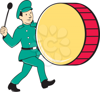 Illustration of a marching band brass band drummer beating drum viewed from side on isolated background done in cartoon style.