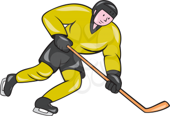 Illustration of an ice hockey player with hockey stick in action playing set on isolated white background done in cartoon style.