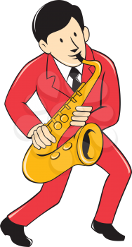 Illustration of a musician playing saxophone viewed from front on isolated white background done in cartoon style.