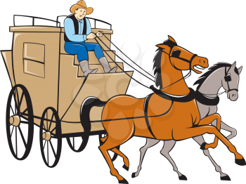 Illustration of a stagecoach driver riding a carriage driving two horses on isolated white background done in cartoon style.