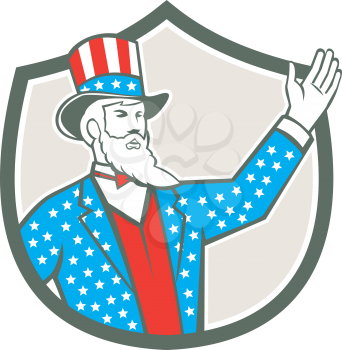 Illustration of Uncle Sam with hand up with stars and stripes American flag design on his hat and clothes set inside shield crest on isolated background done in retro style. 