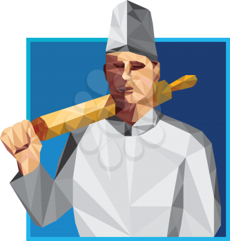 Low polygon style illustration of a chef cook baker holding rolling pin on shoulder viewed from front set inside square shape on isolated background. 