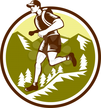 Illustration of a cross country runner running viewed from the side set inside circle with mountains and trees in the background done in retro style.