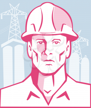 vector illustration of a Construction Engineer Worker wearing hardhat with pylon and buildings in background done in  Retro style.