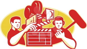 Illustration of a director film crew holding clapboard clapper film slate and soundman with boom microphone  and vintage movie film camera in background set inside oval done in retro style.