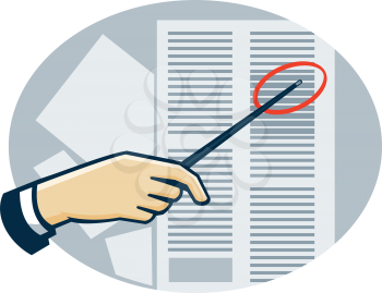 Illustration of a hand with pointer pinpointing at data sheet done in retro style.