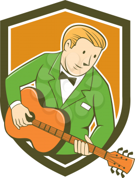 Illustration of a musician guitarist playing guitar set inside shield crest on isolated background done in cartoon style. 