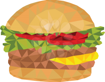 Low polygon style illustration of a hamburger with tomato, lettuce, cheese and burger patty set on isolated white background.