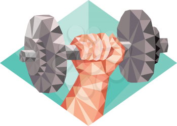 Low polygon style illustration of a hand lifting dumbbell weight training set inside diamond shape. 