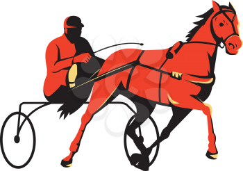 vector illustration of a harness horse cart sulkies racing done in retro style.