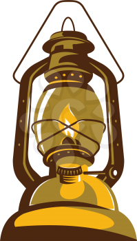 vector illustration of a kerosene oil lamp viewed from front low angle retro style on isolated white background.