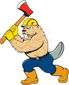 Illustration of a beaver lumberjack wearing hard hat wielding an ax on isolated white background done in cartoon style.