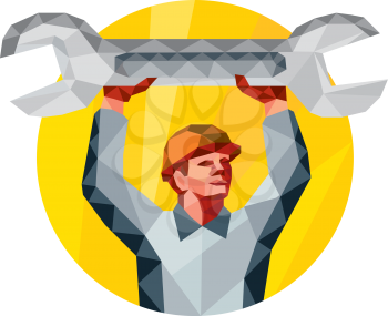 Low Polygon style illustration of a mechanic wearing hat holding spanner wrench above his head looking to the side set inside circle on isolated background.