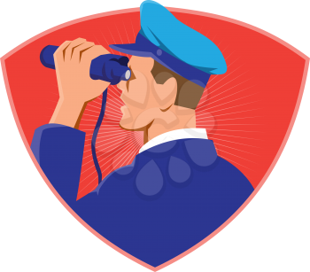 vector illustration of a navy captain looking binoculars shield done in art deco retro style.