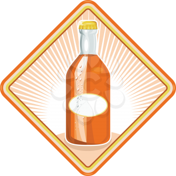 vector illustration of an orange soda bottle set inside diamond shape with sunburst in background done in retro style.