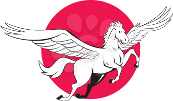 Illustration of a Pegasus flying horse set inside circle on isolated background done in cartoon style.