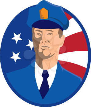 vector illustration of an american police officer policeman with stars and stripes flag set inside circle done in retro art deco style.