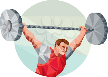 Low Polygon style illustration of a weightlifter lifting barbell facing side set inside circle shape on isolated background 